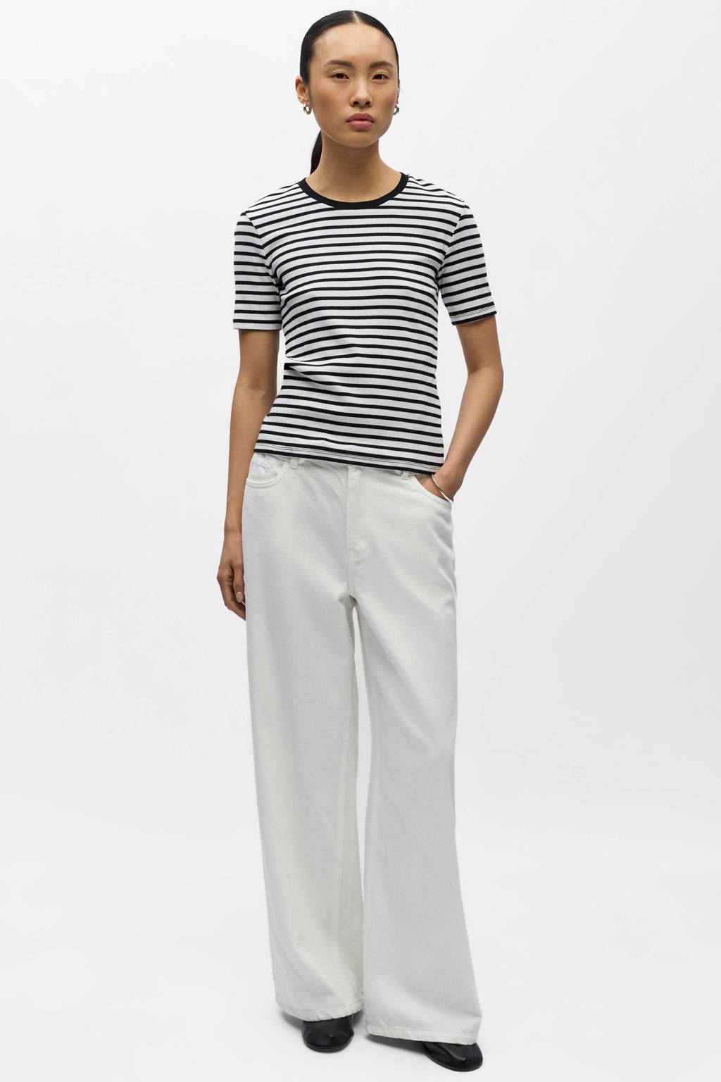 Zwart en witte dames OBJECT gestreepte T-shirt van katoen met korte mouwen en ronde hals