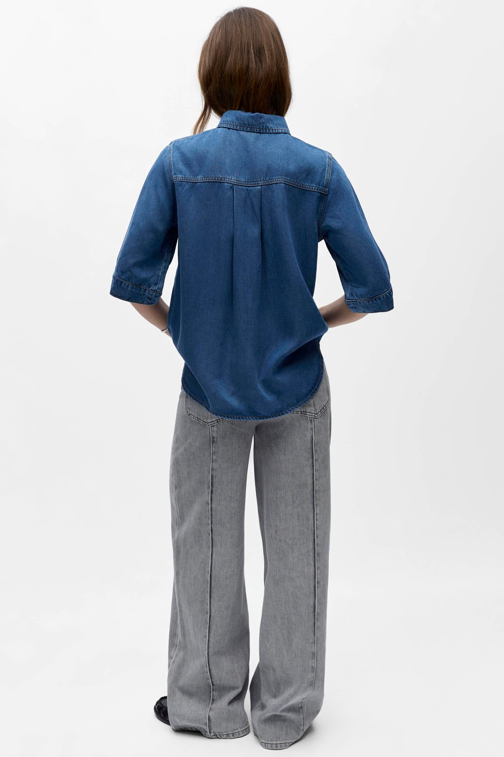 Medium blue denim dames OBJECT blouse van denim met effen, half lange mouwen, klassieke kraag, knoopsluiting en geweven detail