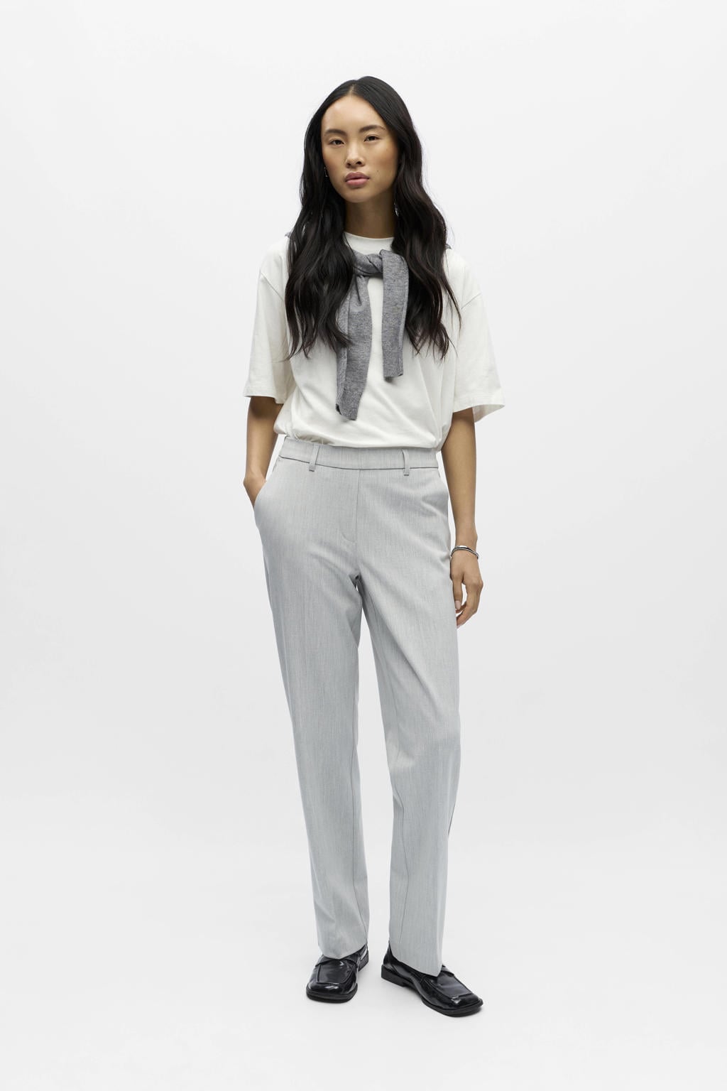 Grijs melange dames OBJECT Straight regular waist casual broek van polyester met elastische inzet en effen