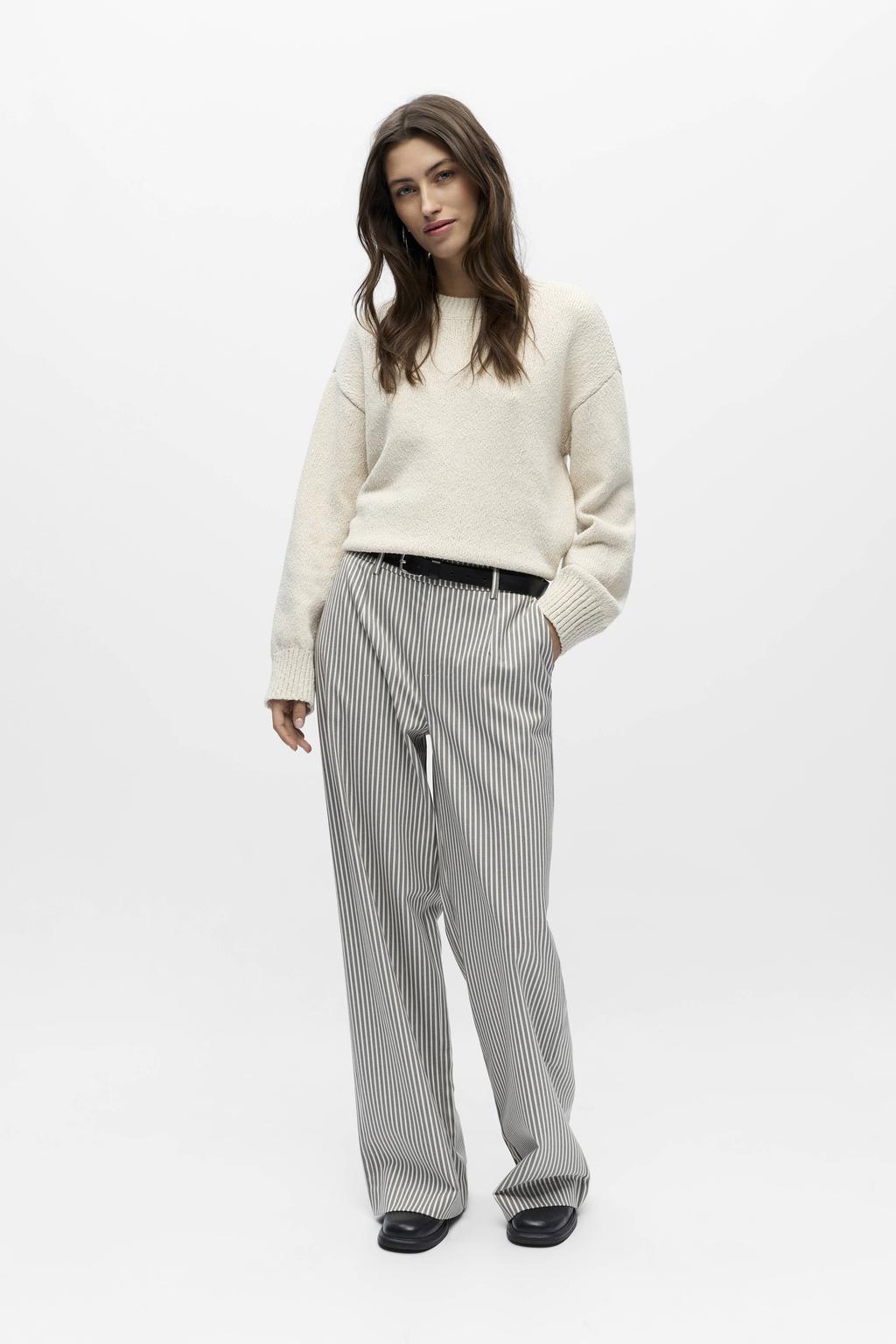 Grijs en ecru dames OBJECT Wide leg regular waist pantalon met elastische inzet en krijtstreepprint