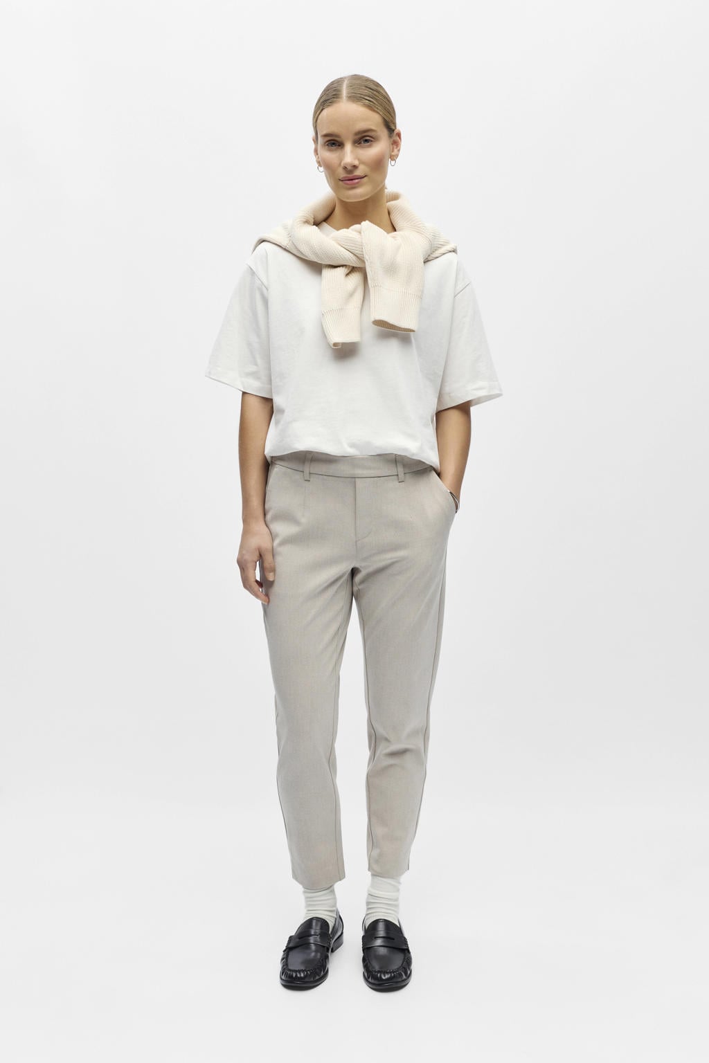 Beige dames OBJECT Slim regular waist casual broek van polyester met elastische tailleband en effen