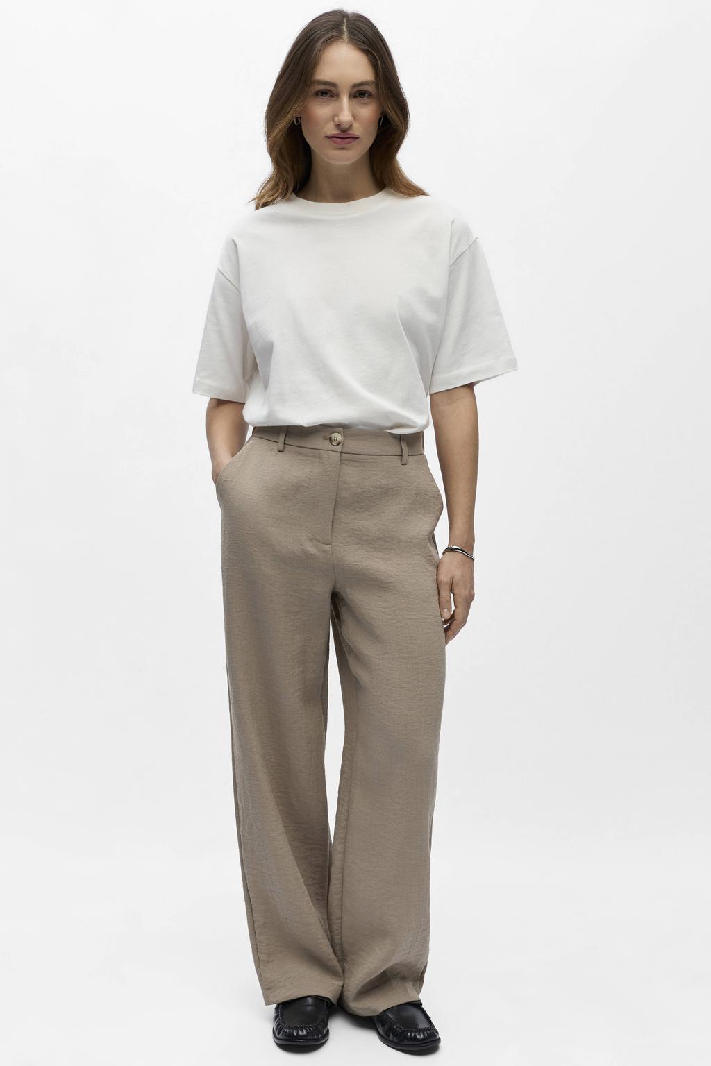 Taupe dames OBJECT wide leg regular waist casual broek van viscose met knoopsluiting en effen