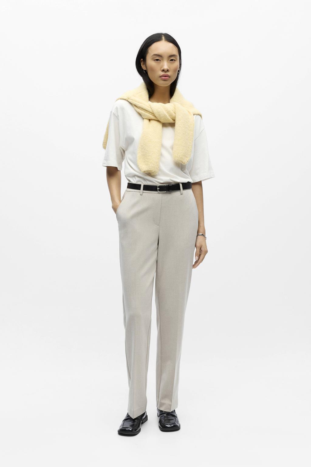 Beige dames OBJECT Straight regular waist casual broek van polyester met elastische inzet en effen