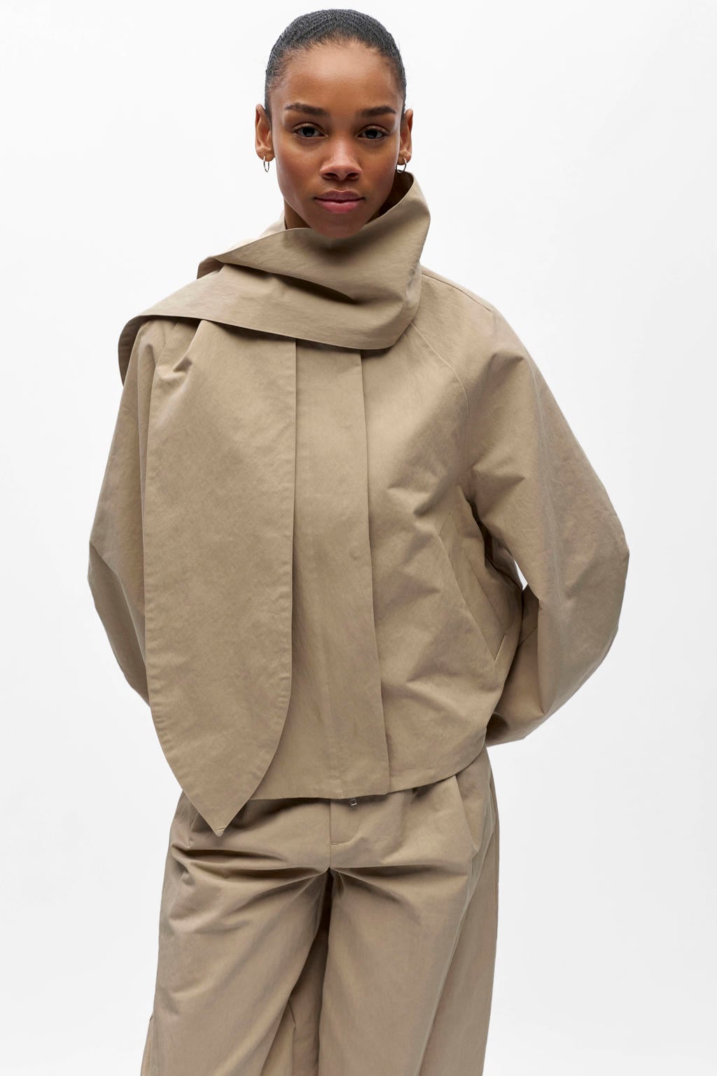 Beige dames OBJECT outdoor jas van nylon met effen, lange mouwen en geweven detail