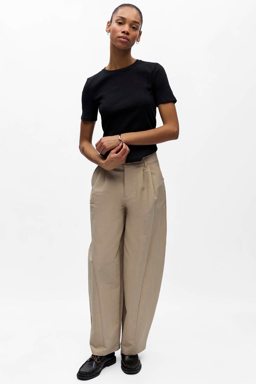 Taupe dames OBJECT barrel regular waist broek van nylon met rits- en knoopsluiting en effen