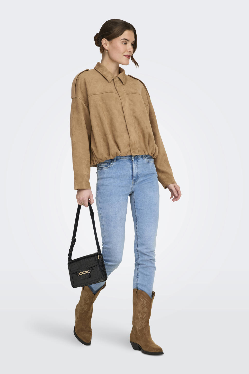 Camelkleurige dames ONLY bomberjack van polyester met effen, lange mouwen, widespread hals en ritssluiting