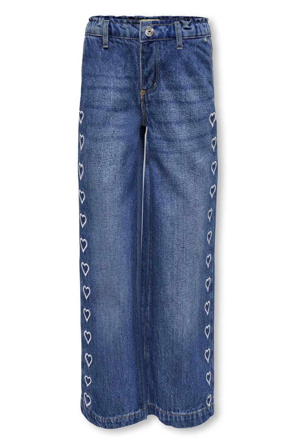 Medium blue denim meisjes KIDS ONLY GIRL wide leg jeans van katoen met rits- en knoopsluiting en hartjesprint