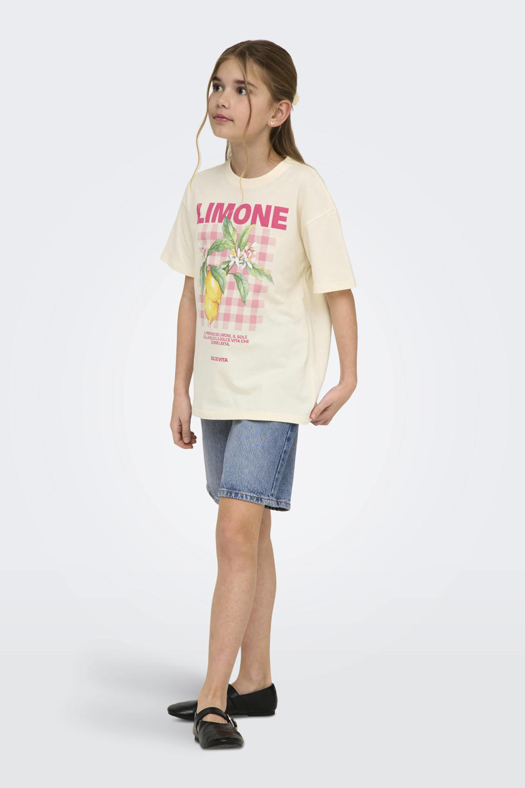 Beige meisjes KIDS ONLY GIRL T-shirt van katoen met printopdruk, korte mouwen en ronde hals