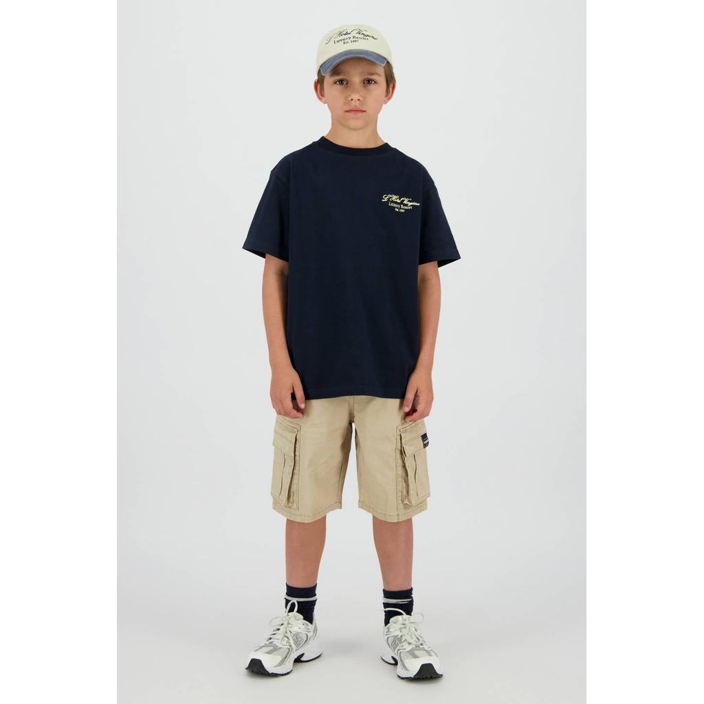Zandkleurige jongens Vingino regular waist cargo short van katoen met elastische tailleband met koord en effen