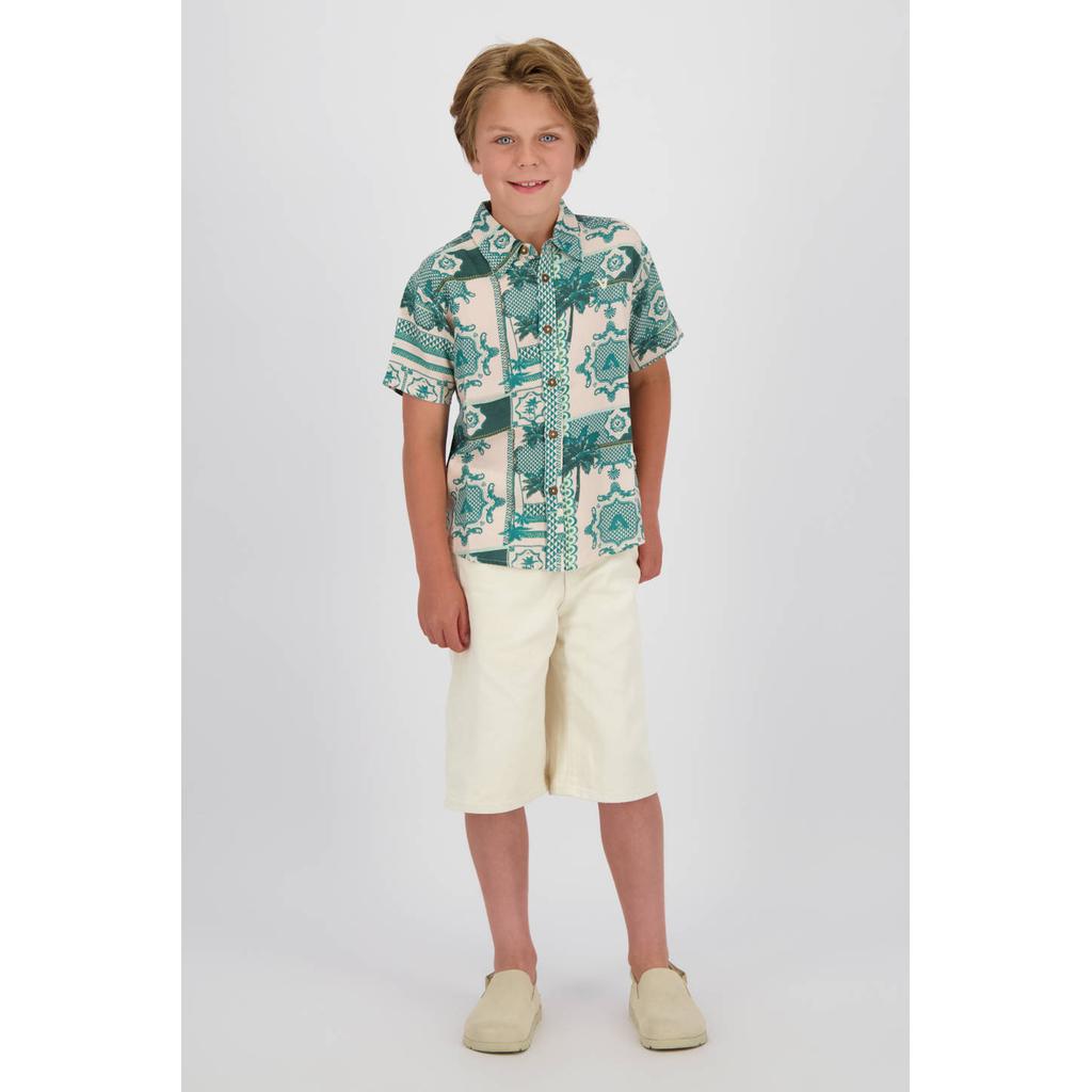 Groen en beige jongens Vingino casual overhemd van katoen met korte mouwen, klassieke kraag en knoopsluiting