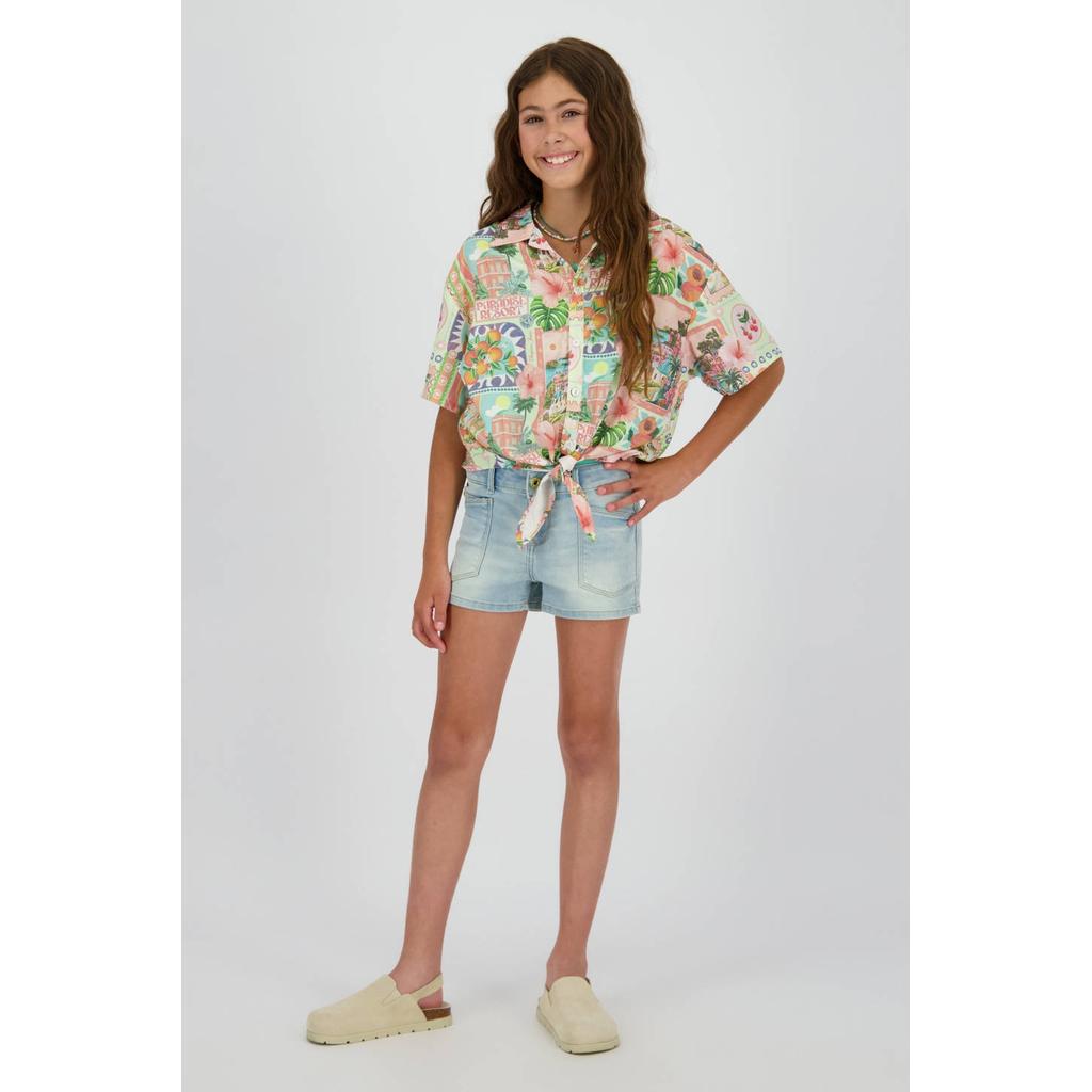 Groen en multikleurige meisjes Vingino blouse van viscose met korte mouwen, klassieke kraag, knoopsluiting en knoopdetail