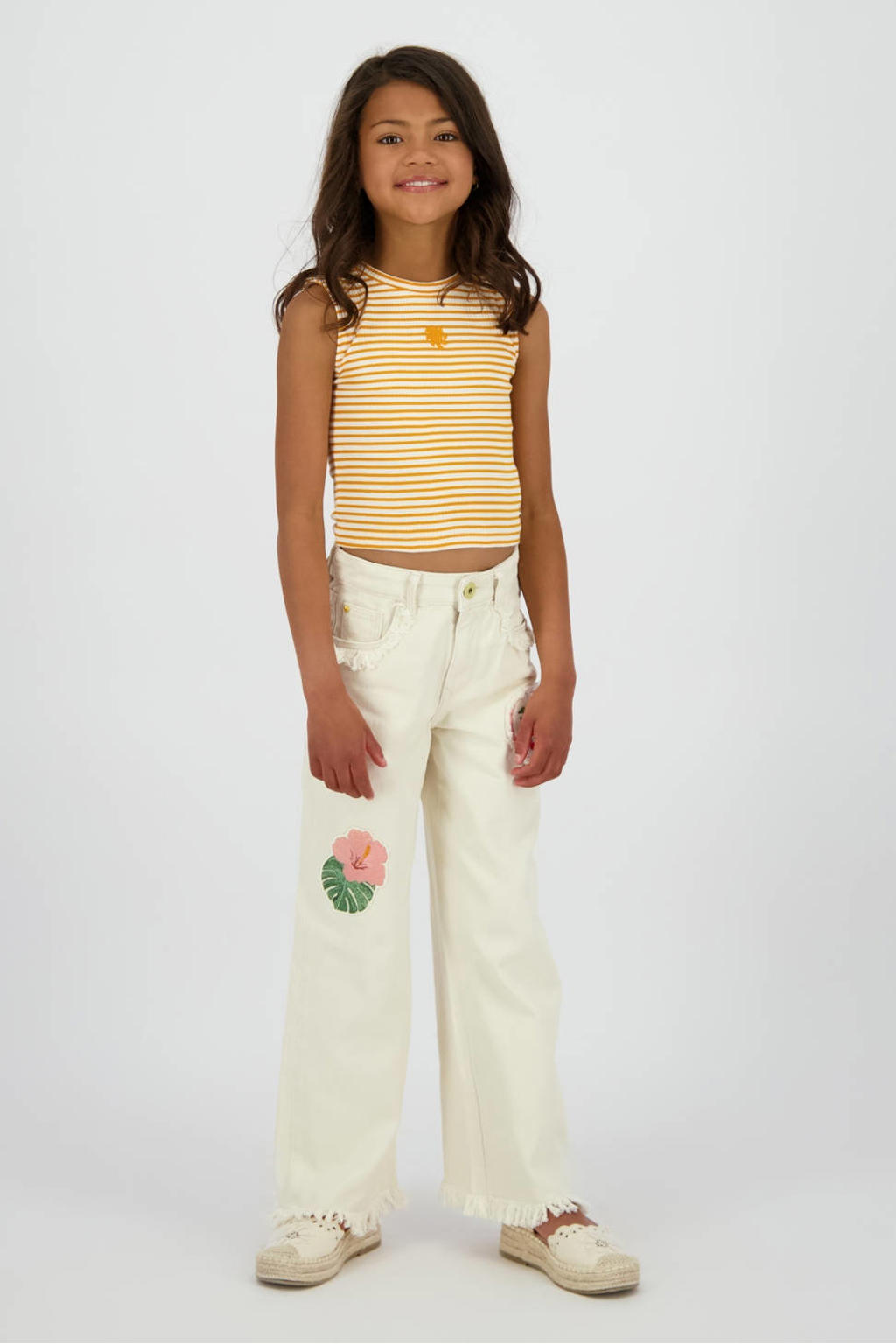 Witte meisjes Vingino Cassie Special high waist wide leg jeans van denim met rits- en knoopsluiting en printopdruk
