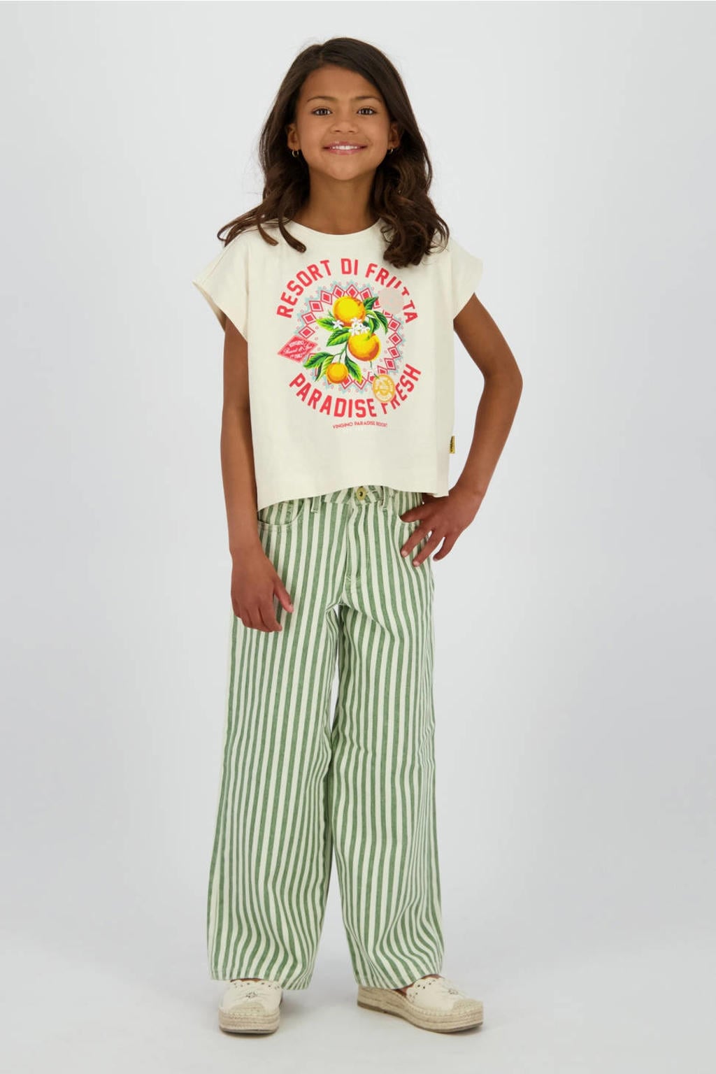 Beige meisjes Vingino T-shirt van katoen met printopdruk, korte mouwen en ronde hals