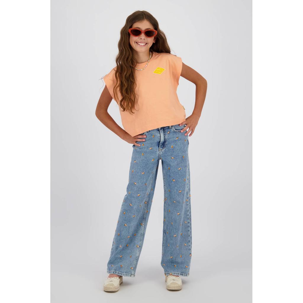 Medium blue denim meisjes Vingino Cita Special high waist wide leg jeans van denim met rits- en knoopsluiting