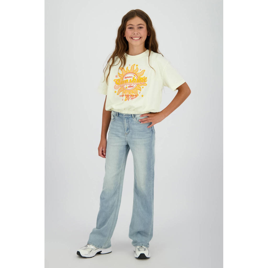 Light blue denim meisjes Vingino Claire high waist flared jeans van denim met rits- en knoopsluiting en effen