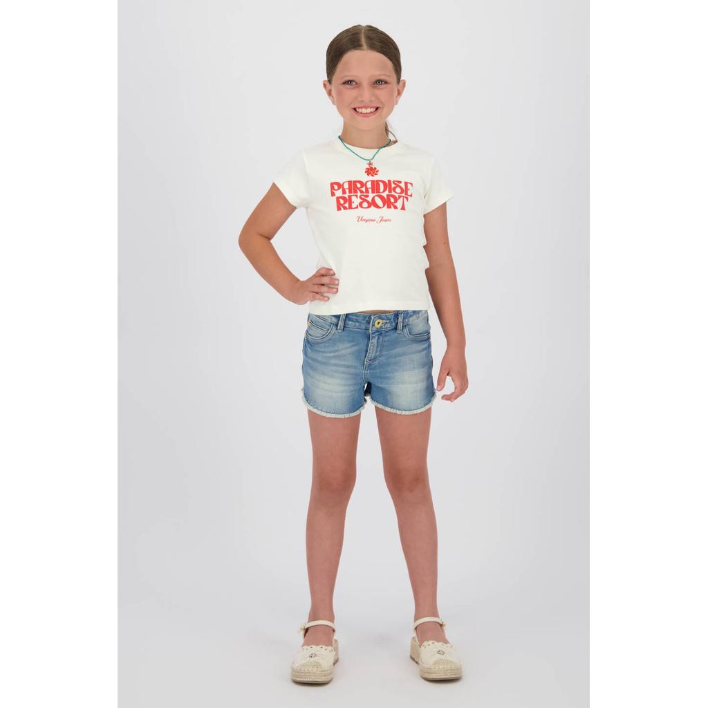 Medium blue denim meisjes Vingino regular high waist short van denim met rits- en knoopsluiting en effen