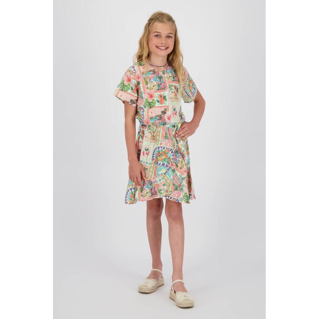 Groen en multikleurige meisjes Vingino midi jurk van viscose met korte mouwen en ronde hals