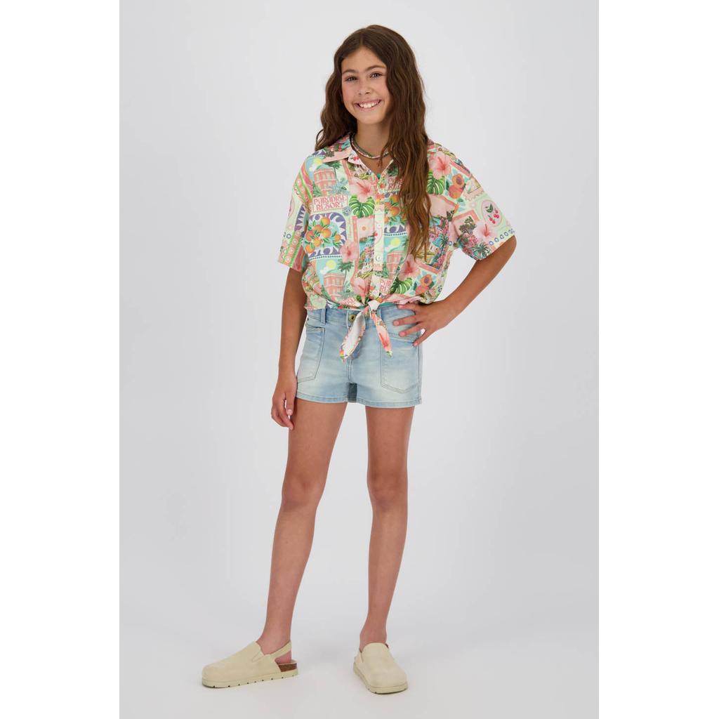 Light blue denim meisjes Vingino regular high waist short van denim met rits- en knoopsluiting en effen
