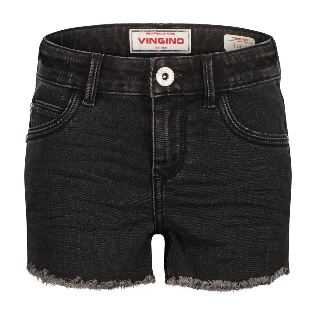 Black denim meisjes Vingino regular high waist short black van denim met rits- en knoopsluiting en effen