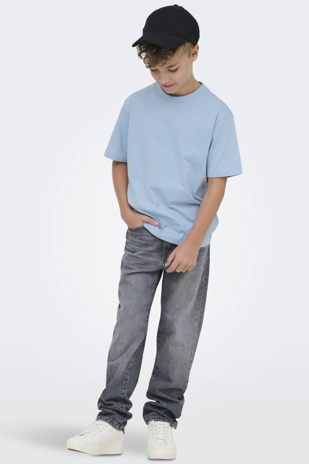 Lichtblauwe jongens ONLY & SONS JUNIOR T-shirt van katoen met effen, korte mouwen en ronde hals