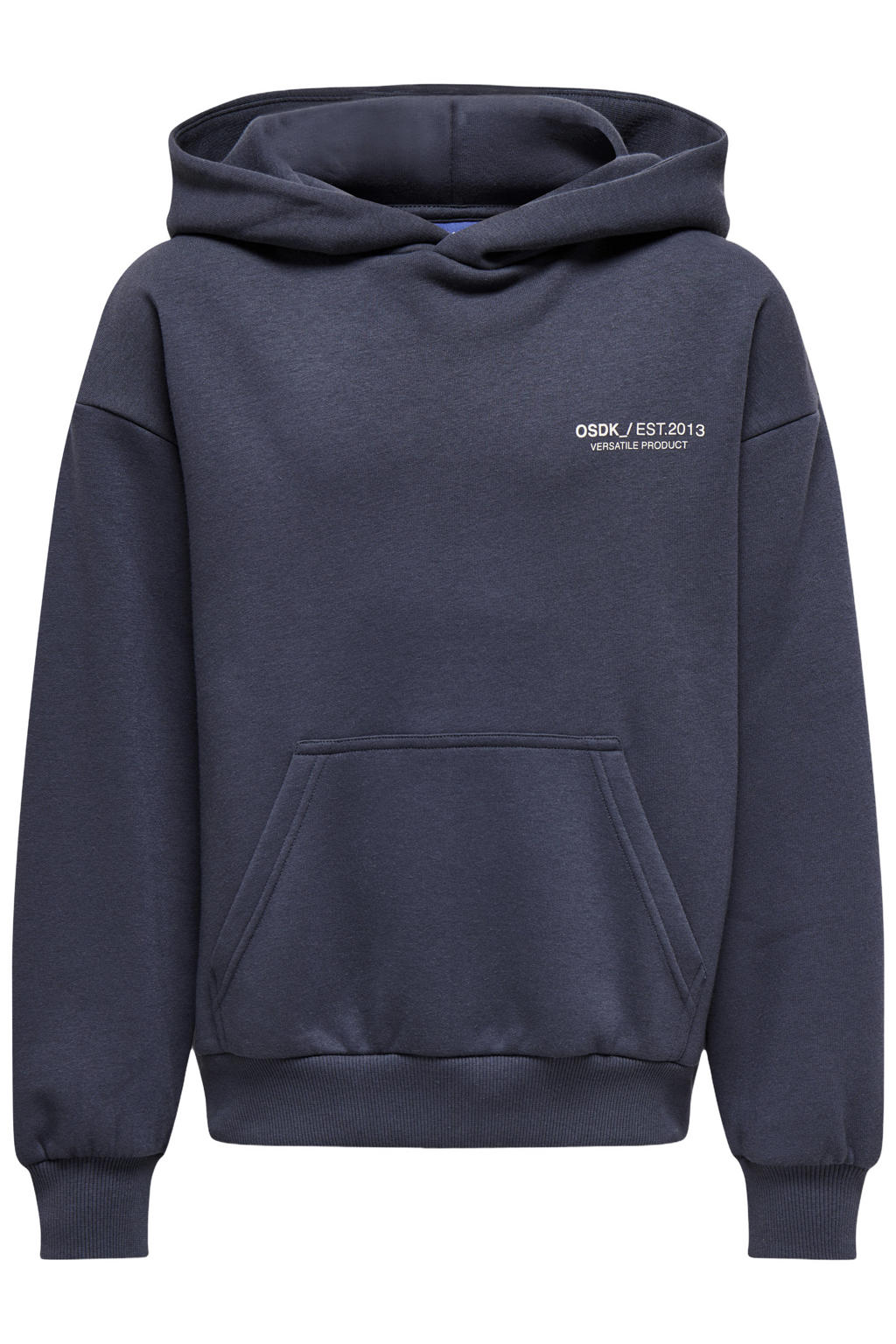 Donkerblauwe jongens ONLY & SONS JUNIOR hoodie van sweat materiaal met backprint, lange mouwen en capuchon