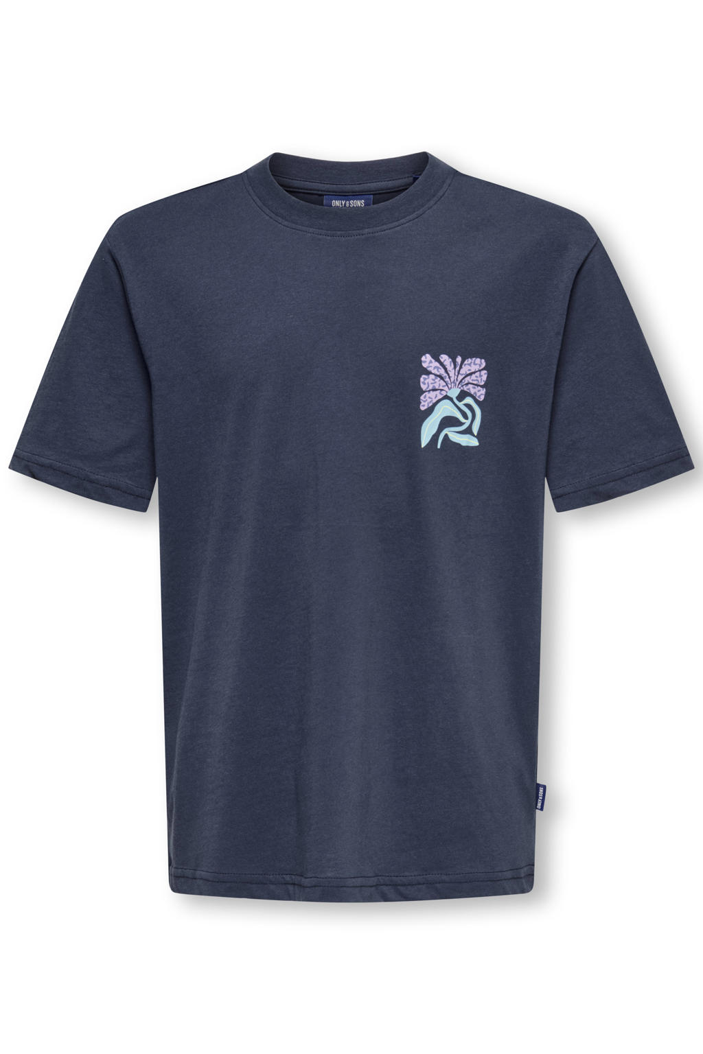 Donkerblauwe jongens ONLY & SONS JUNIOR T-shirt van katoen met backprint, korte mouwen en ronde hals