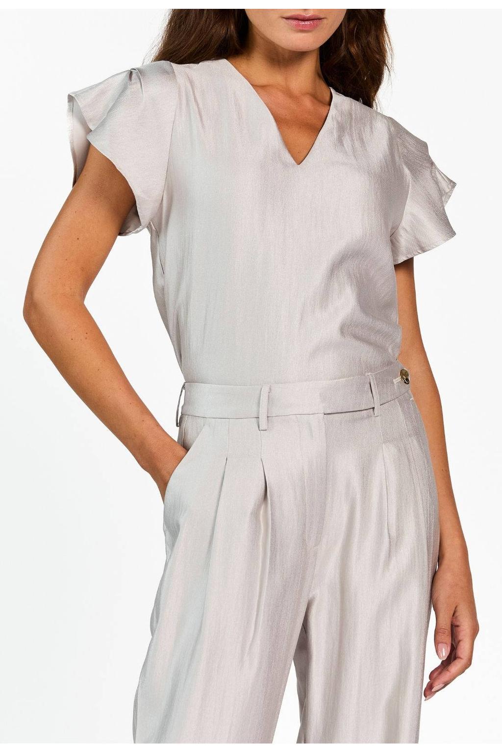 Zilverkleurige dames Aaiko blousetop van viscose met effen, korte mouwen, V-hals en glimmend detail