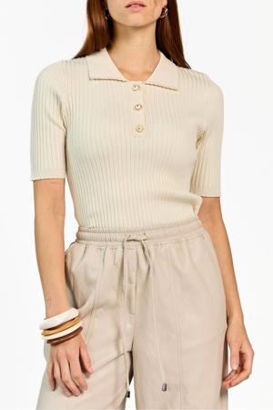 imitatieleren regular waist coated broek beige