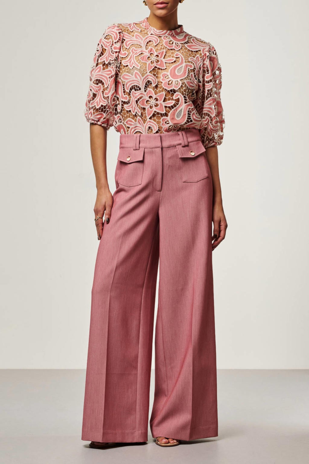 Oudroze dames Aaiko straight high waist broek van viscose met rits- en haaksluiting en effen