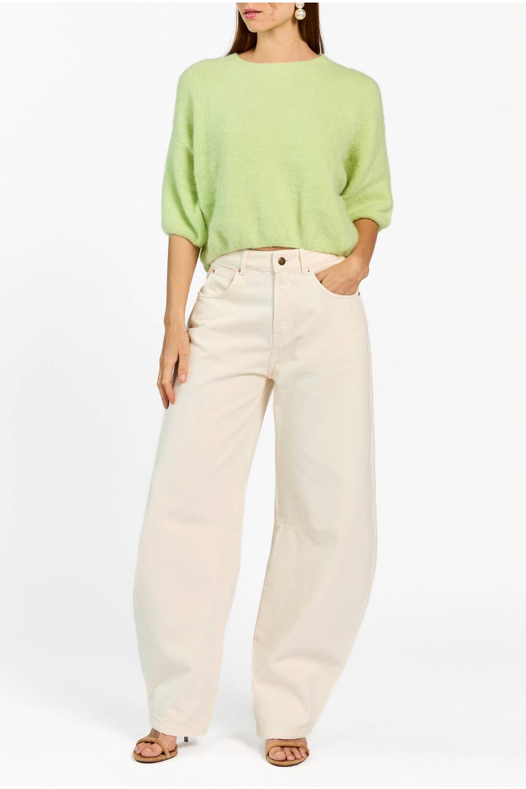 Groene dames Aaiko pullover gebreid van wol met effen, half lange mouwen en ronde hals