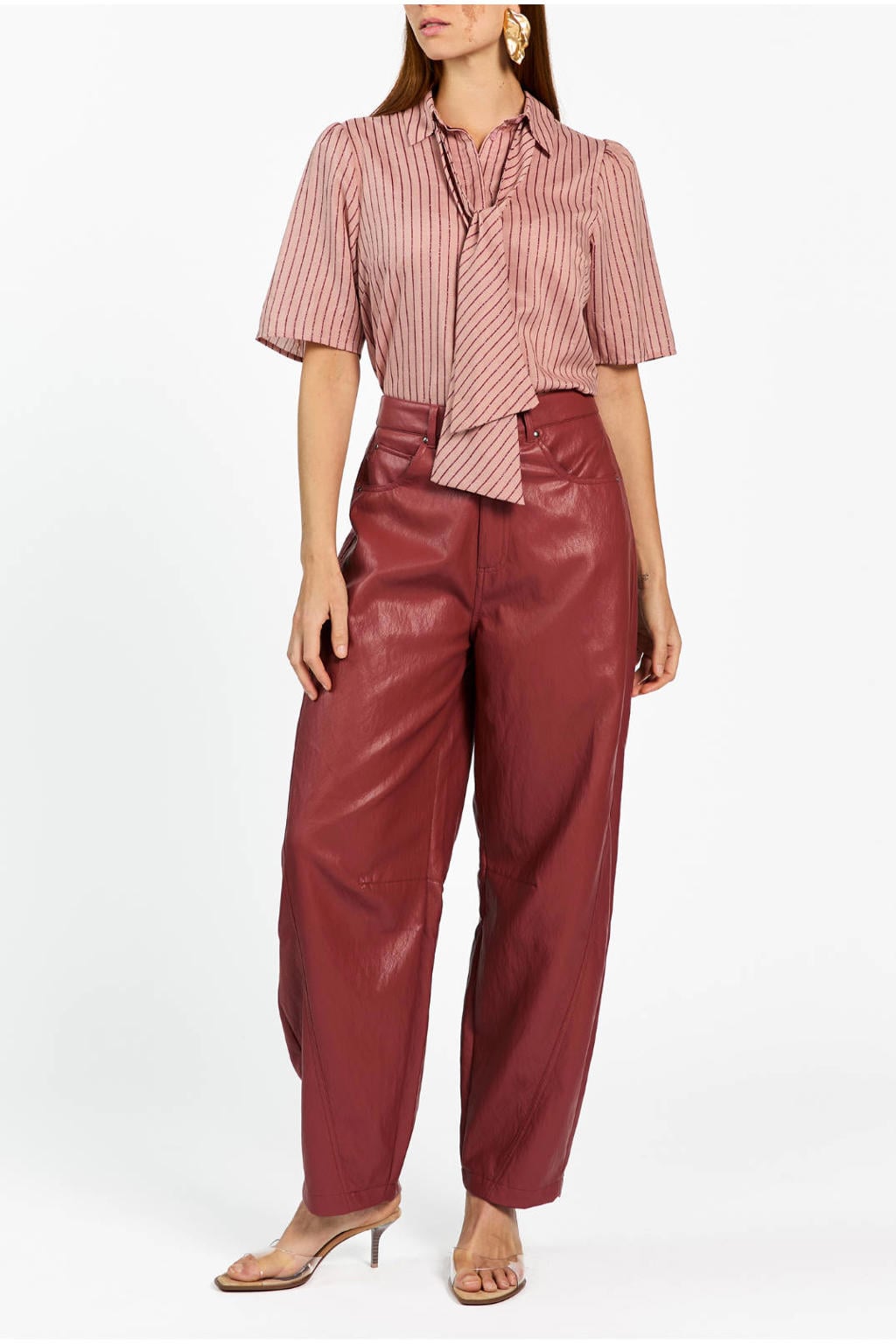 Oudroze dames Aaiko gestreepte blouse van polyester met krijtstreepprint, korte mouwen, klassieke kraag, knoopsluiting en strikje