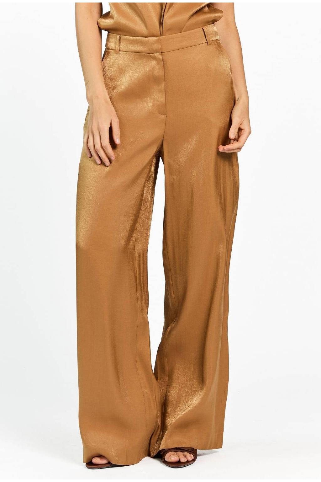 Koperkleurige dames Aaiko regular high waist pantalon van viscose met rits, haak- en knoopsluiting en effen