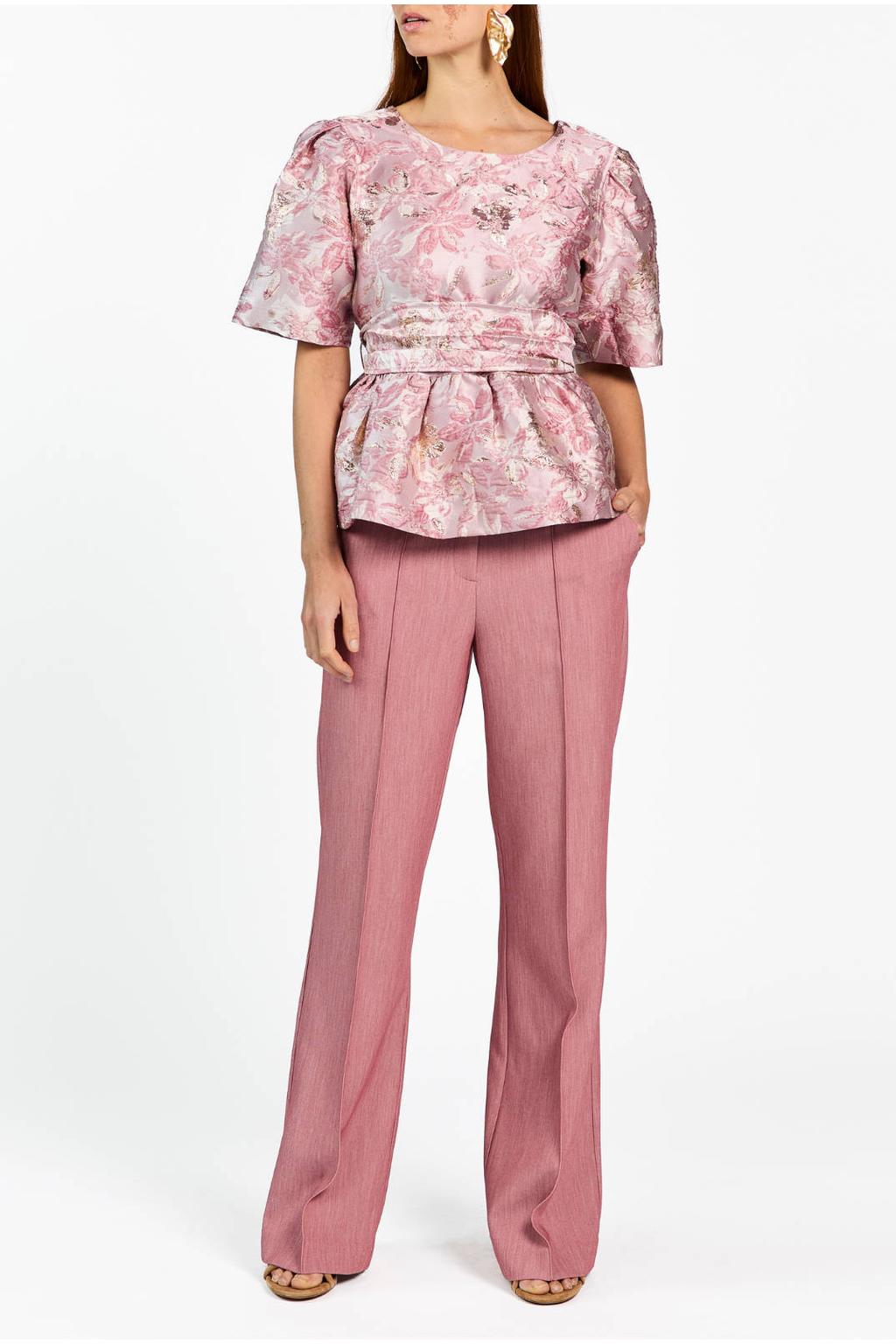 Roze dames Aaiko gebloemde top van viscose met korte mouwen, ronde hals en ceintuur