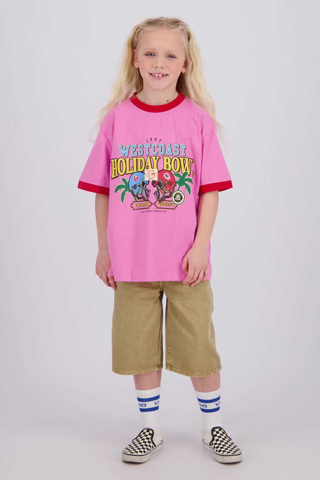 Roze jongens Quinns by Vingino T-shirt van katoen met printopdruk, korte mouwen en ronde hals