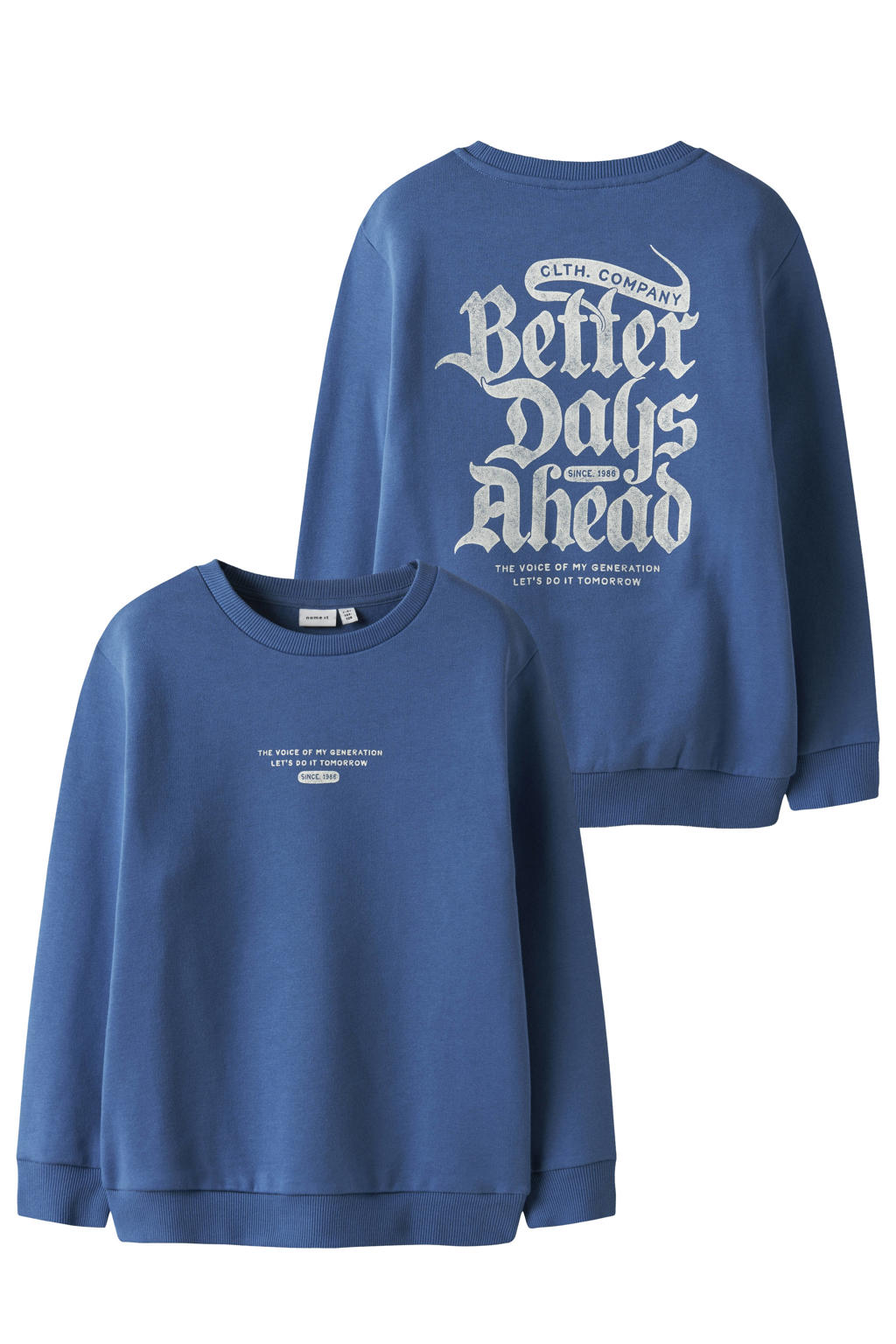 Blauwe jongens NAME IT KIDS sweater met backprint, lange mouwen, ronde hals en geribde boorden
