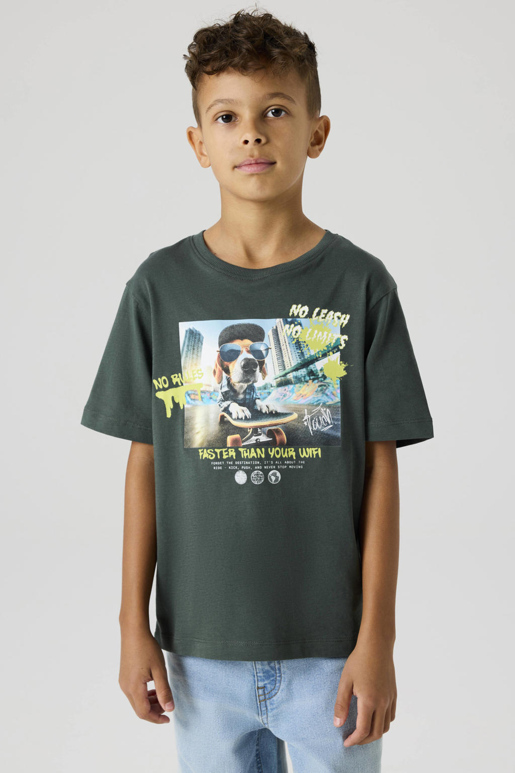 Donkergroene jongens NAME IT KIDS T-shirt van katoen met printopdruk, korte mouwen en ronde hals