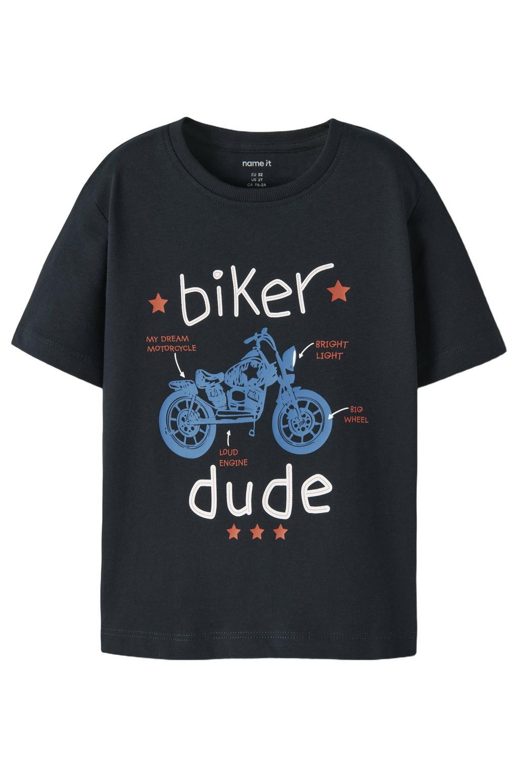 Donkerblauwe jongens NAME IT MINI T-shirt van katoen met printopdruk, korte mouwen en ronde hals