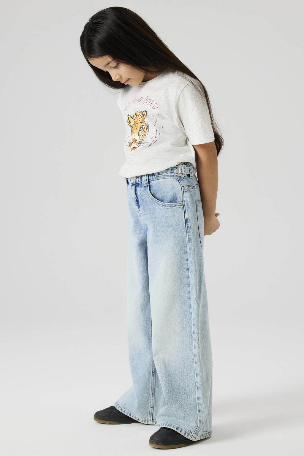 Grijs melange meisjes NAME IT KIDS T-shirt melange van katoen met printopdruk, korte mouwen en ronde hals