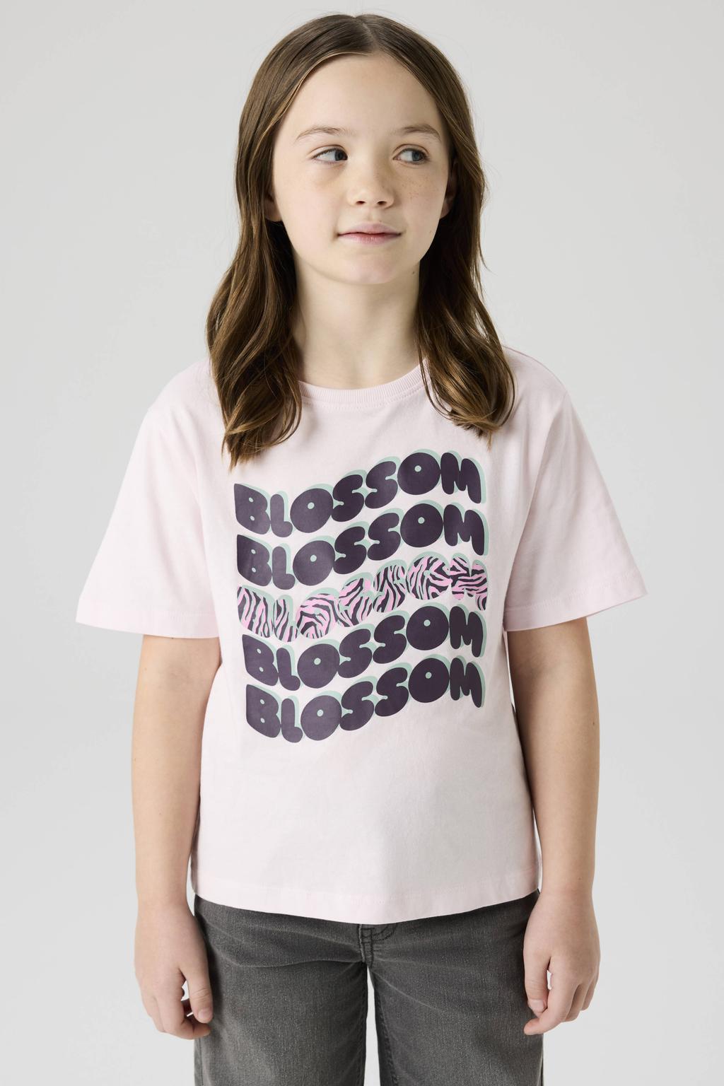 Lichtroze meisjes NAME IT KIDS T-shirt van katoen met printopdruk, korte mouwen en ronde hals