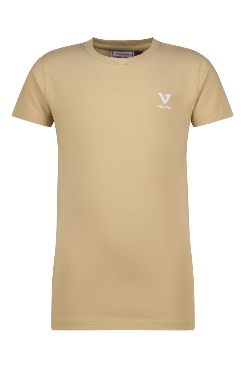 Zandkleurige jongens Vingino T-shirt van stretchkatoen met effen, korte mouwen en ronde hals