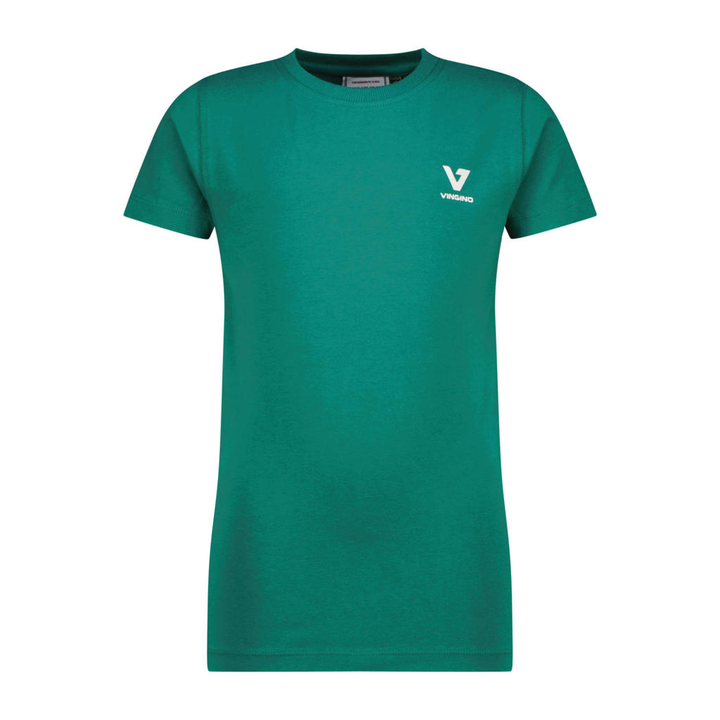 Groene jongens Vingino T-shirt van stretchkatoen met effen, korte mouwen en ronde hals