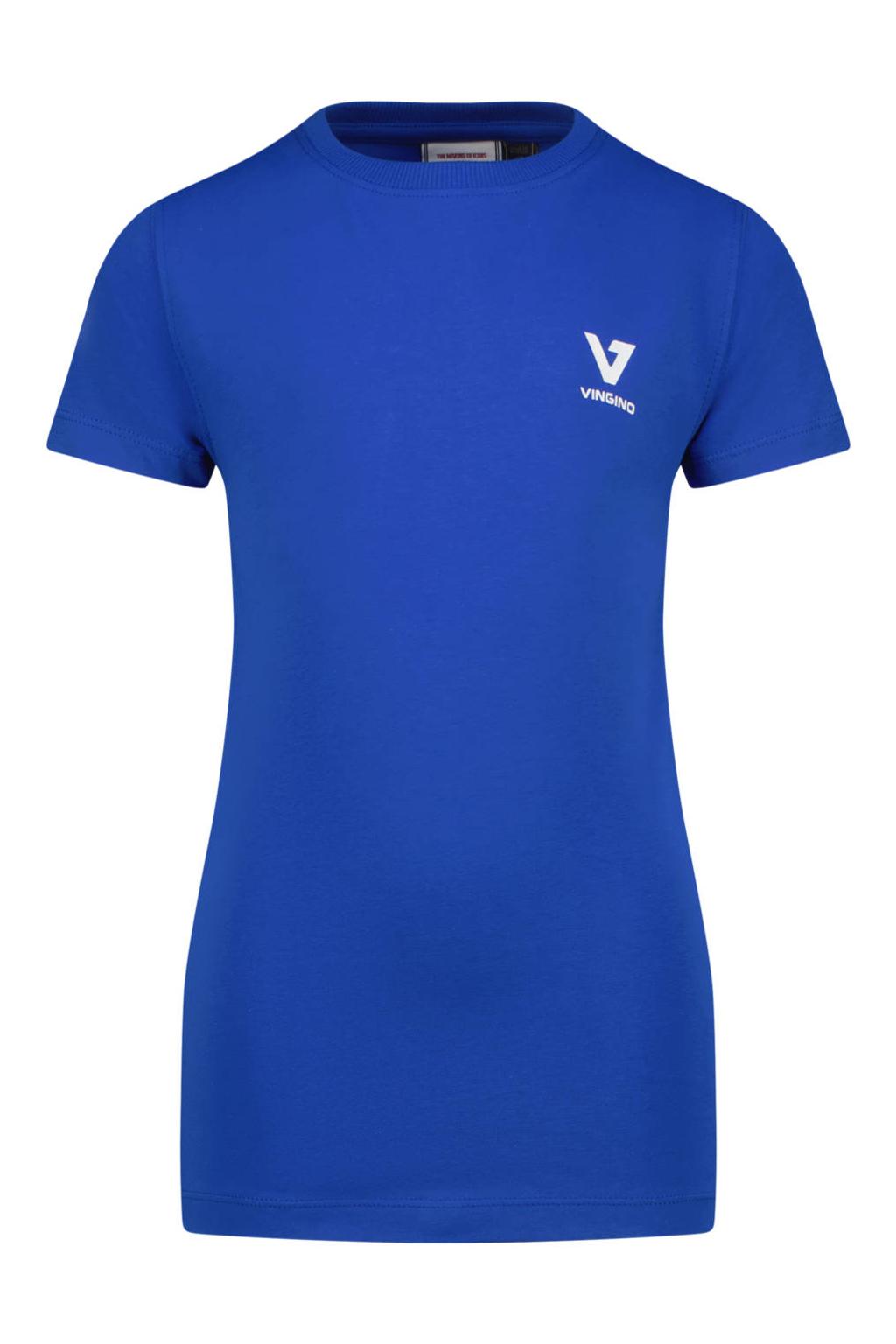 Blauwe jongens Vingino T-shirt van stretchkatoen met effen, korte mouwen en ronde hals
