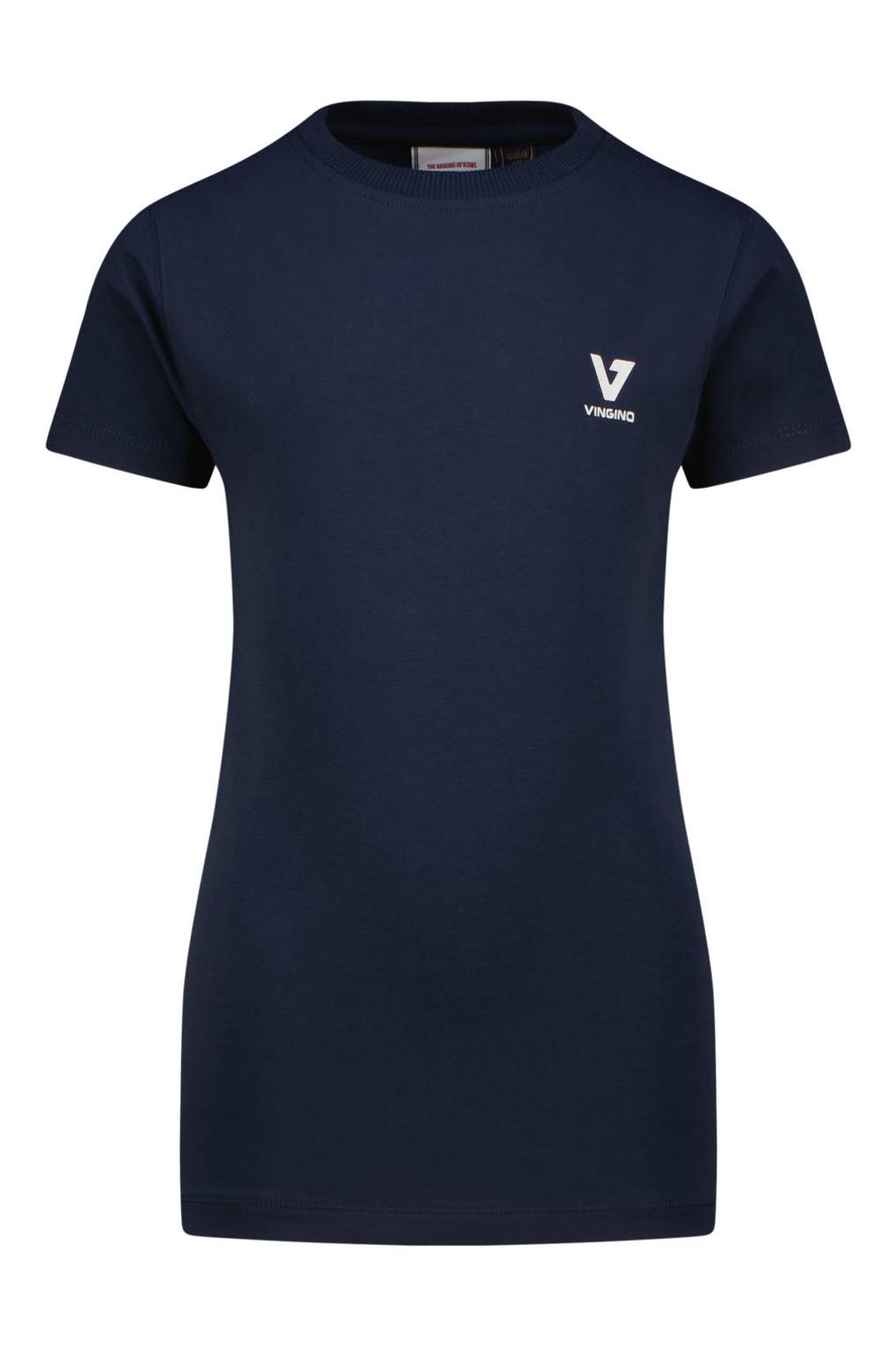 Donkerblauwe jongens Vingino T-shirt van stretchkatoen met effen, korte mouwen en ronde hals