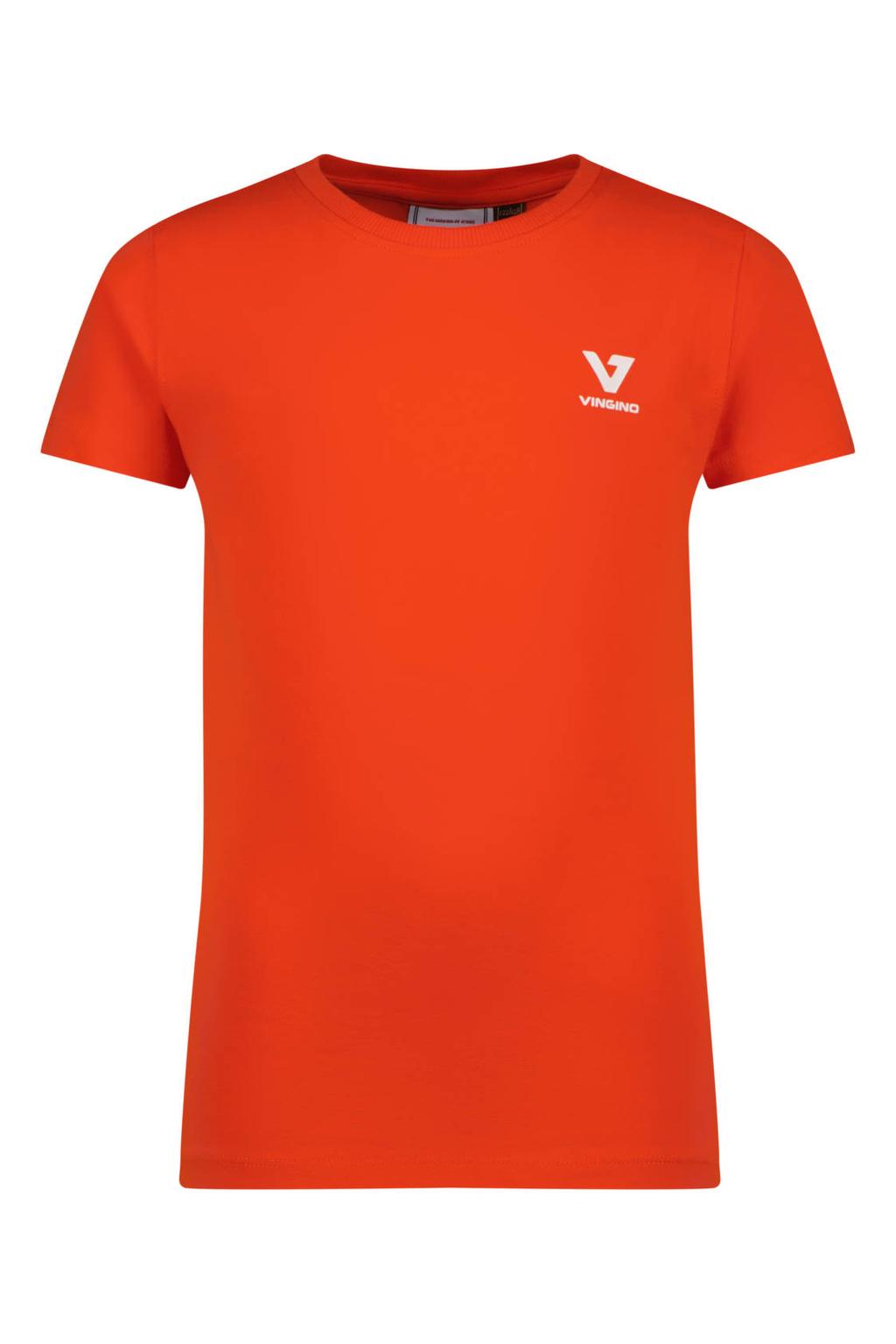 Rode jongens Vingino T-shirt van stretchkatoen met effen, korte mouwen en ronde hals