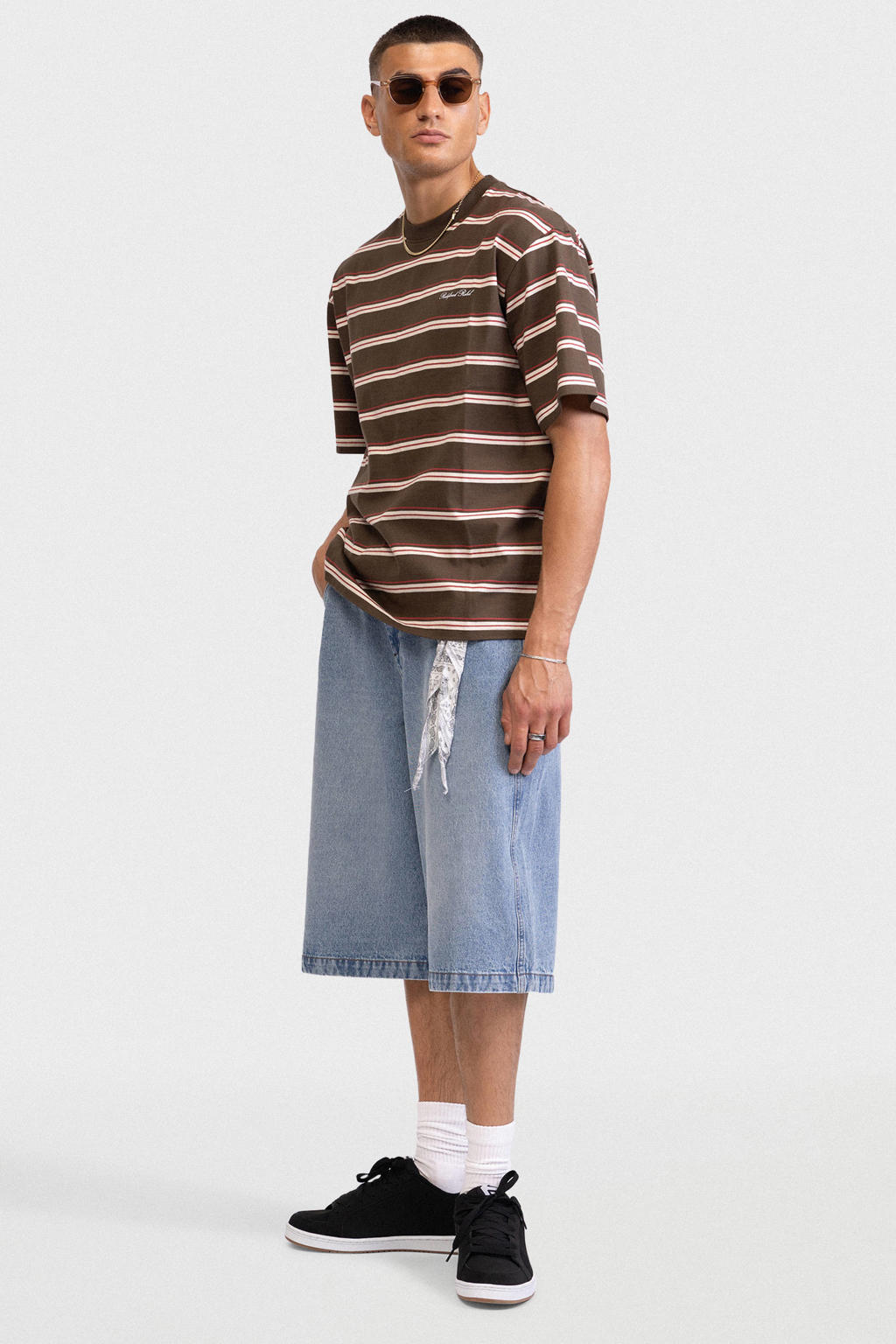 Bruine heren Redefined Rebel boxy gestreepte T-shirt van katoen met korte mouwen en ronde hals