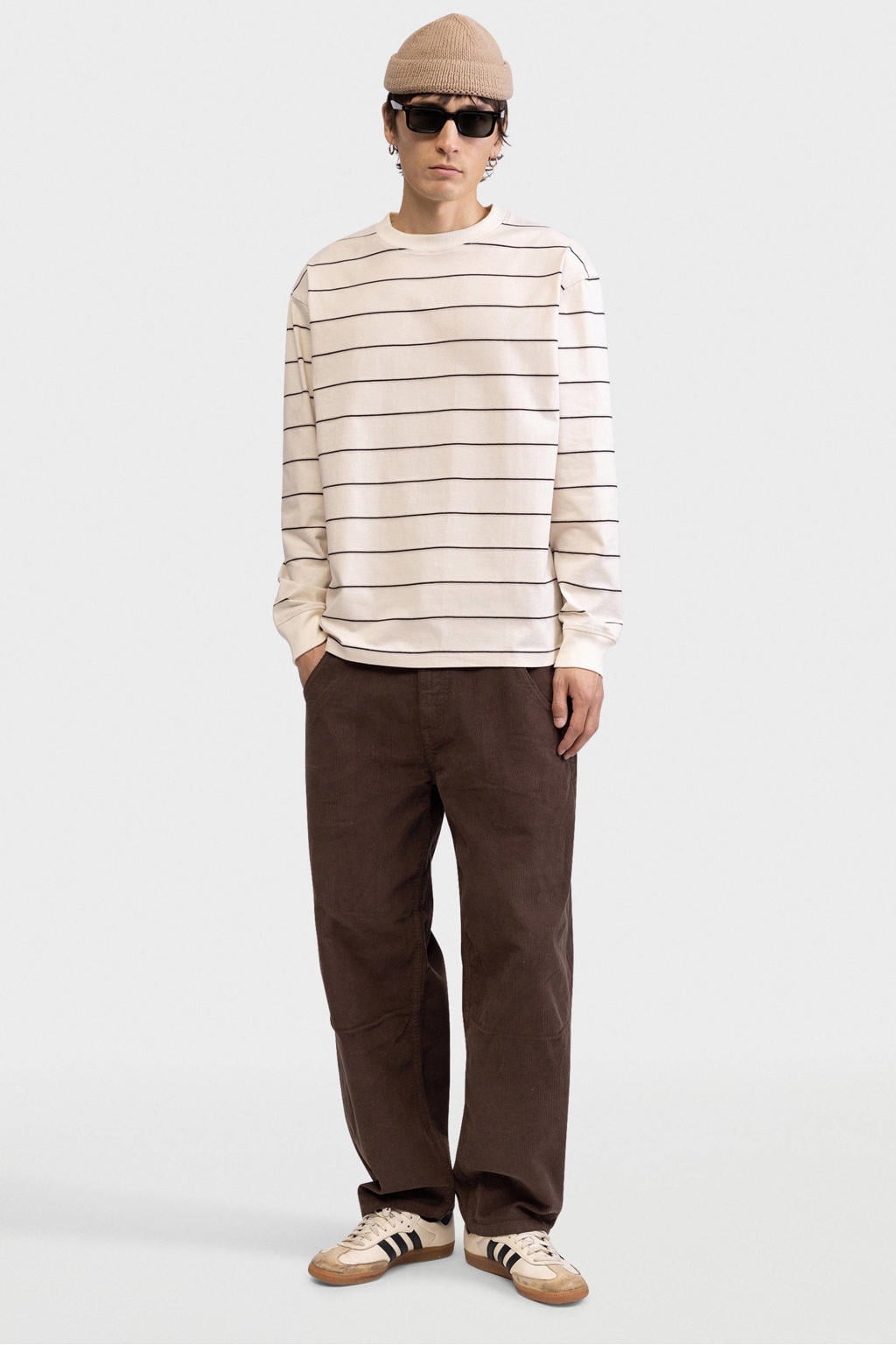 Ecru heren Redefined Rebel gestreepte longsleeve van katoen met lange mouwen en ronde hals