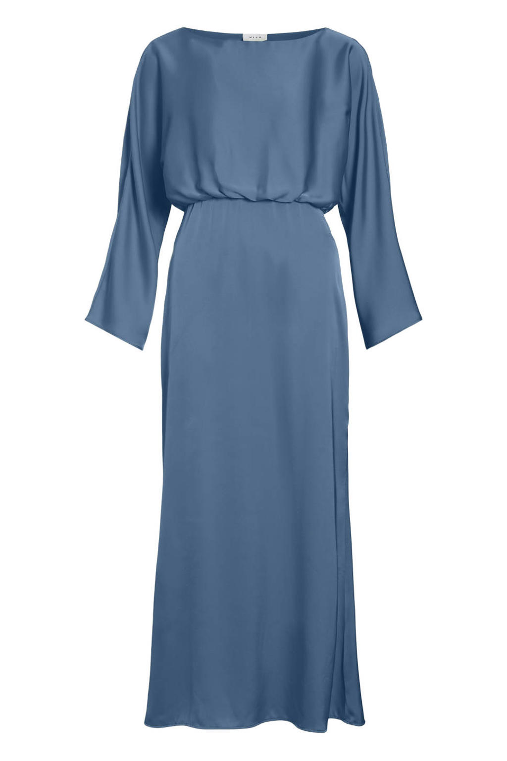 Grijsblauwe dames VILA satijnen midi jurk blauw met effen, lange mouwen, ronde hals en elastische tailleband