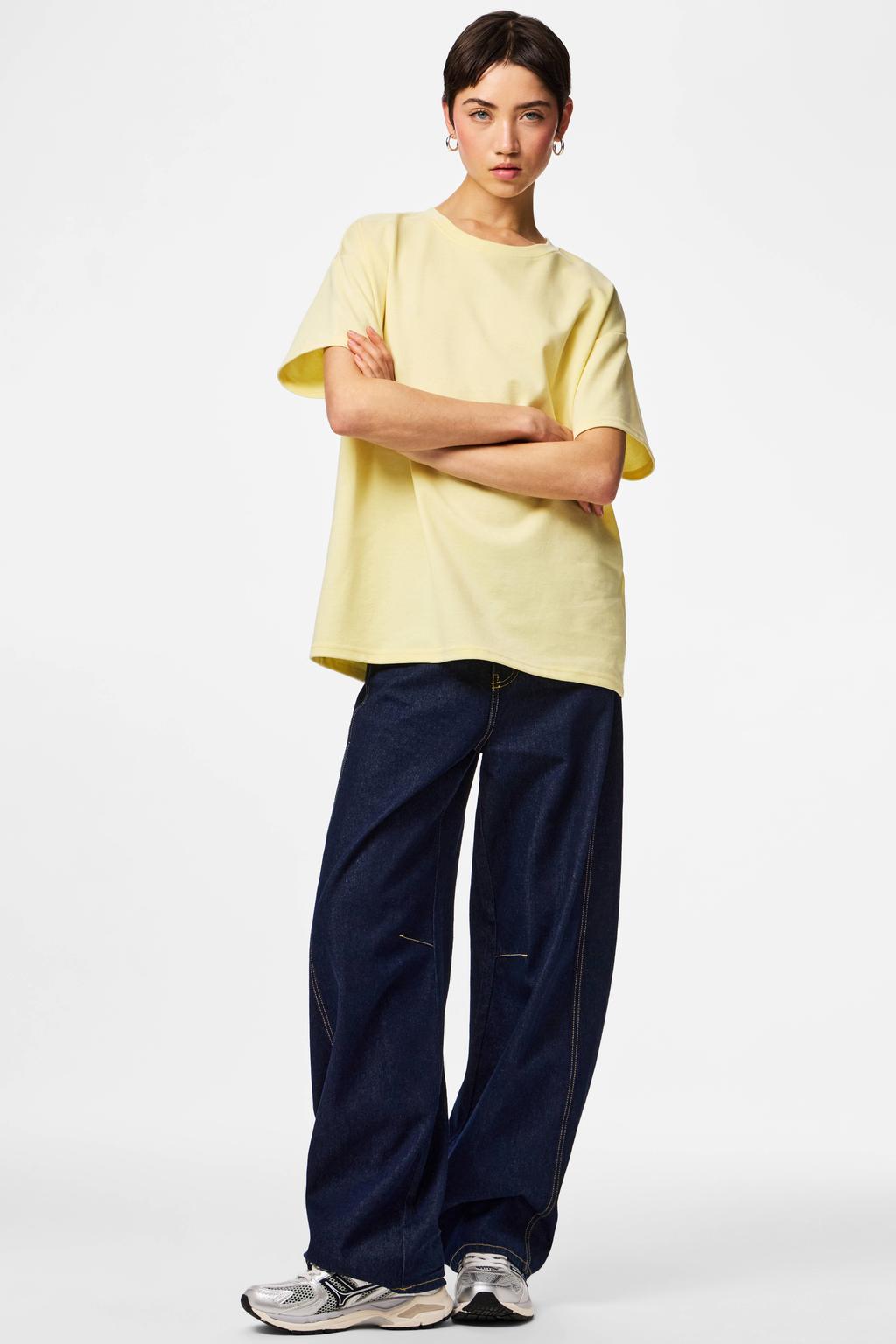 Gele dames PIECES T-shirt van polyester met effen, korte mouwen en ronde hals