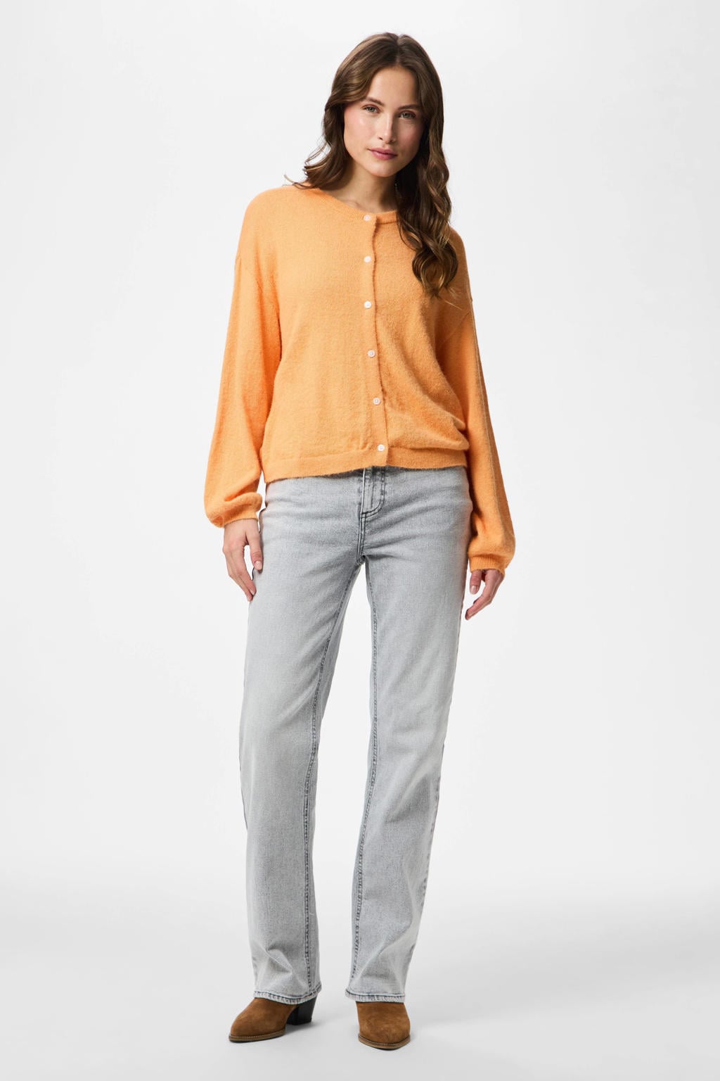 Oranje dames PIECES vest gebreid van nylon met effen, lange mouwen, ronde hals en knoopsluiting