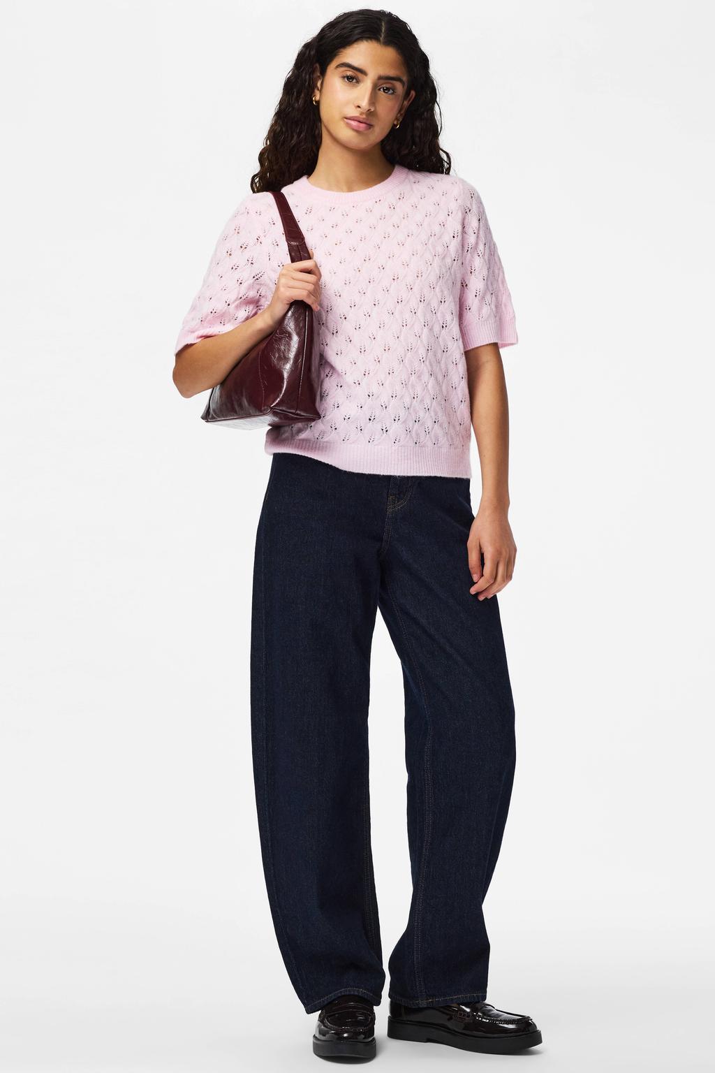 Roze dames PIECES trui gebreid van polyester met effen, driekwart mouwen en ronde hals